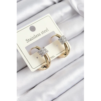 316L Çelik Zirkon Taşlı Halka Model Gold Renk Kadın Küpe