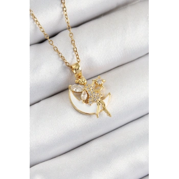 316L Çelik Zirkon Taşlı Hilal Melek Model Gold Renk Kadın Kolye