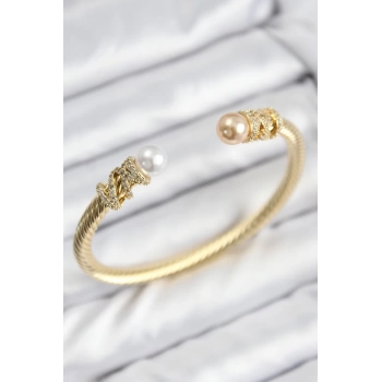 316L Çelik Zirkon Taşlı İnci Model Gold Renk Kadın Bileklik