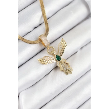 316L Çelik Zirkon Taşlı Melek Model Gold Renk Kadın Kolye