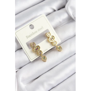 316L Çelik Zirkon Taşlı Sallantılı Geometrik Model Gold Renk Kadın Küpe