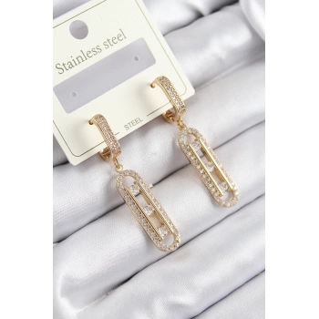 316L Çelik Zirkon Taşlı Sallantılı Messika Model Gold Renk Kadın Küpe