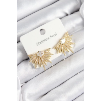 316L Çelik Zirkon Taşlı Yelpaze Model Gold Renk Kadın Küpe