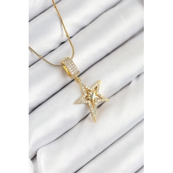 316L Çelik Zirkon Taşlı Yıldız Model Gold Renk Kadın Kolye