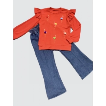 4-5-6 Yaş Kot Pantolonlu Flamingo Desenli Penye Sweat Uzun Kollu 2li Kız Çocuk Takımı