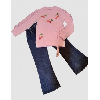 4-5-6 Yaş Kot Pantolonlu Kiraz Desenli Penye Sweat Uzun Kollu 2li Kız Çocuk Takımı