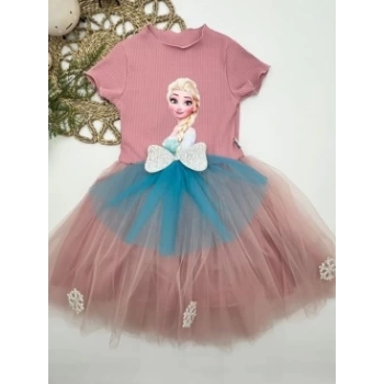 5-6-7 Yaş Elsa Desenli Fiyonklu Tül Etekli Astarlı Kısa Kollu Kız Çocuk Tütü Elbise