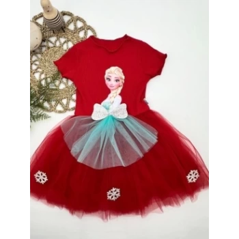 5-6-7 Yaş Elsa Desenli Fiyonklu Tül Etekli Astarlı Kısa Kollu Kız Çocuk Tütü Elbise