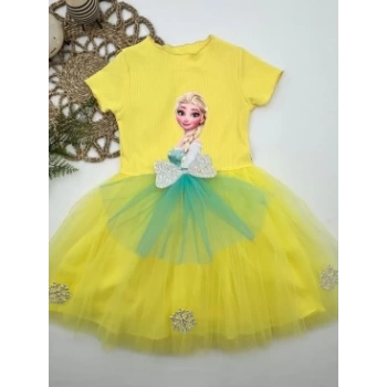 5-6-7 Yaş Elsa Desenli Fiyonklu Tül Etekli Astarlı Kısa Kollu Kız Çocuk Tütü Elbise
