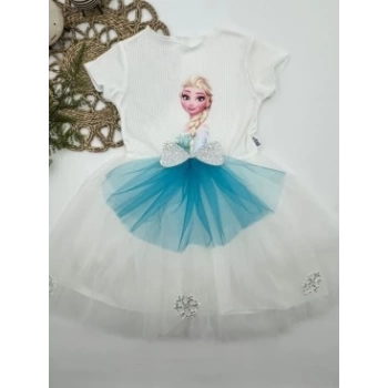 5-6-7 Yaş Elsa Desenli Fiyonklu Tül Etekli Astarlı Kısa Kollu Kız Çocuk Tütü Elbise