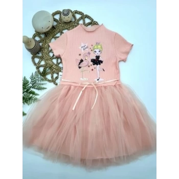 5-6-7 Yaş Flamingo Balerin Kız Baskılı Kurdela Kuşaklı Astarlı Kız Çocuk Tütü Elbise