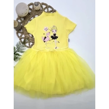 5-6-7 Yaş Flamingo Balerin Kız Baskılı Kurdela Kuşaklı Astarlı Kız Çocuk Tütü Elbise