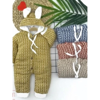 6-9-12-18 Ay Düğme Kapamalı Kulaklı Kapşonlu Triko Kumaş Kız Erkek Bebek Tulumu