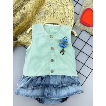 6-9-12-18 Ay Gül Rozet Detaylı Kot Kilotlu Etek Kız Bebek Elbisesi