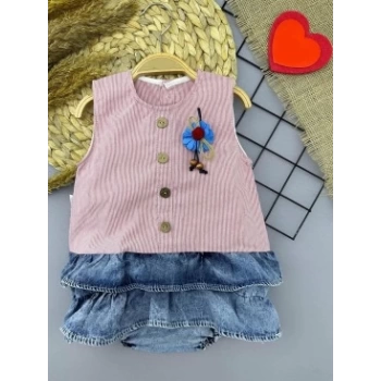 6-9-12-18 Ay Gül Rozet Detaylı Kot Kilotlu Etek Kız Bebek Elbisesi