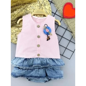 6-9-12-18 Ay Gül Rozet Detaylı Kot Kilotlu Etek Kız Bebek Elbisesi