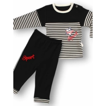 6-9 9-12 12-18 18-24 24-36 Ay Sport Baskılı Çizgili Uzun Kollu Sweatli 2li Erkek Bebek Takımı