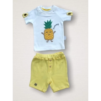 6-9 9-12 12-18 Ay Ananas Nakışlı Kısa Kollu Sweatli Şortlu 2li Kız-erkek Bebek Takımı