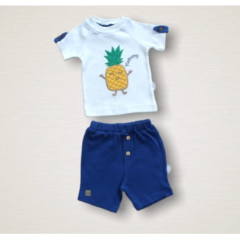 6-9 9-12 12-18 Ay Ananas Nakışlı Kısa Kollu Sweatli Şortlu 2li Kız-erkek Bebek Takımı