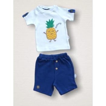 6-9 9-12 12-18 Ay Ananas Nakışlı Kısa Kollu Sweatli Şortlu 2li Kız-erkek Bebek Takımı