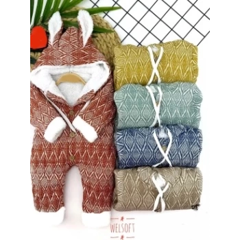 9-12-18-24 Ay Düğme Kapamalı Kulaklı Kapşonlu Motif Desenli Örme Kumaş Kız Erkek Bebek Tulumu