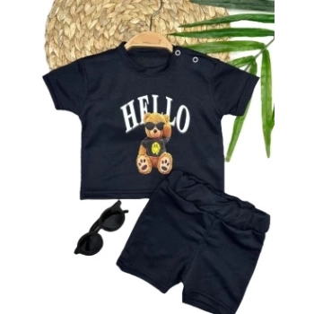 9-12-18-24 Ay Hello Gözlüklü Ayıcık Baskılı Şortlu Kısa Kollu Tişört 2li Erkek Bebek Takımı