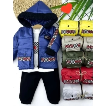 9-12-18-24 Ay Kapşonlu Fermuarlı Mont Pantolon Uzun Kollu Sweatli 3lü Kız Erkek Bebek Takımı