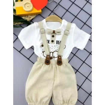 9-12-18-24 Ay Papyon Detaylı Keten Şort Salopet Tişörtlü 2li Erkek Bebek Takımı