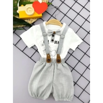 9-12-18-24 Ay Papyon Detaylı Keten Şort Salopet Tişörtlü 2li Erkek Bebek Takımı