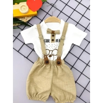 9-12-18-24 Ay Papyon Detaylı Keten Şort Salopet Tişörtlü 2li Erkek Bebek Takımı