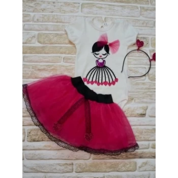 9-12-18 Ay Kalp Kız Nakışlı Taçlı Kısa Kollu Tütü Etek 3lü Kız Bebek Takımı
