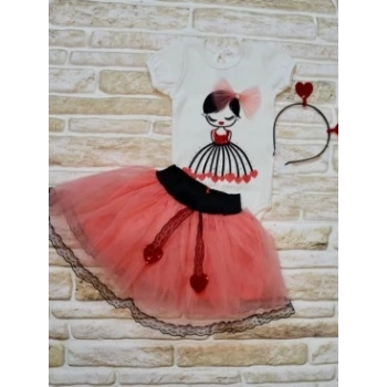 9-12-18 Ay Kalp Kız Nakışlı Taçlı Kısa Kollu Tütü Etek 3lü Kız Bebek Takımı