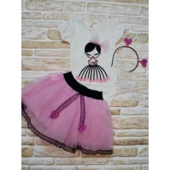 9-12-18 Ay Kalp Kız Nakışlı Taçlı Kısa Kollu Tütü Etek 3lü Kız Bebek Takımı