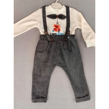9-12-18 Ay Papyonlu Sweat Kot Pantolon 2li Erkek Bebek Salopet Takımı