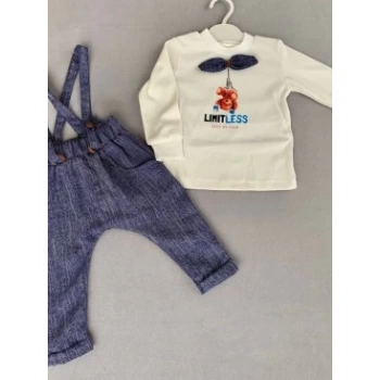 9-12-18 Ay Papyonlu Sweat Kot Pantolon 2li Erkek Bebek Salopet Takımı