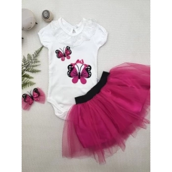 9-12-18 Ay Payetli Kelebek Nakışlı Taçlı Kısa Kollu Tütü Etek 3lü Kız Bebek Takımı