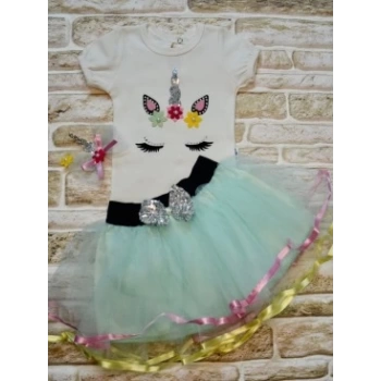 9-12-18 Ay Payetli Pony Nakışlı Tokalı Kısa Kollu Tütü Etek 3lü Kız Bebek Takımı