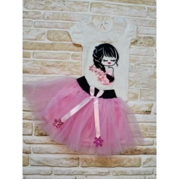 9-12-18 Ay Saçı Örgülü Kız Nakışlı Kurdelalı Kısa Kollu Tütü Etek 2li Kız Bebek Takımı
