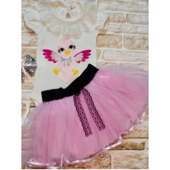 9-12-18 Ay Toka Hediyeli Kuş Desenli Tişört Tütü Etek 2li Kız Bebek Takımı