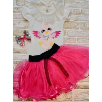 9-12-18 Ay Toka Hediyeli Kuş Desenli Tişört Tütü Etek 2li Kız Bebek Takımı
