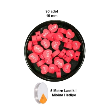 90 Adet 10 mm Polimer Kil Fimo Boncuk Takı Bileklik + 5 Metre Lastikli Misina Hediye - Kalp Love