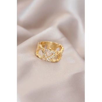 Ayarlamalı Gold Renk Metal Zirkon Taşlı Kalp Model Yüzük