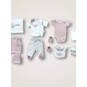 Bahar Çiçekleri Nakışlı %100 Cotton Antibakteriyel 10lu Zıbın Takımı Hastane Çıkışı