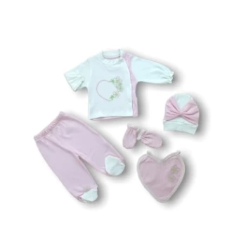 Baharın Çiçekli Kalbi Nakışlı %100 Cotton Antibakteriyel 5li Zıbın Takımı Hastane Çıkışı