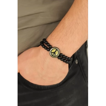 Barış Figürlü Siyah Metal Aksesuarlı Siyah Oniks Doğal Taş Erkek Bileklik