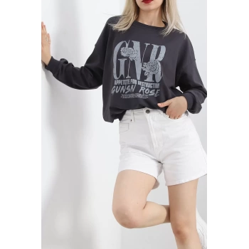 Baskılı İki İplik Oversize Sweat Füme - 21648.200.