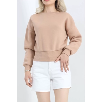 Bisiklet Yaka 3 İplik Crop Sweat Bej - 20968.1878.