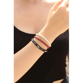Bordo Renk Desenli Tasarımlı Taşlı Beyaz Örgü Model Kadın Deri Bileklik