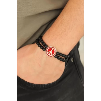 Bordo Renk  Renk Metal Barış Simgesi Tasarımlı Siyah Renk Mat Oniks Doğal Taş Erkek Bileklik