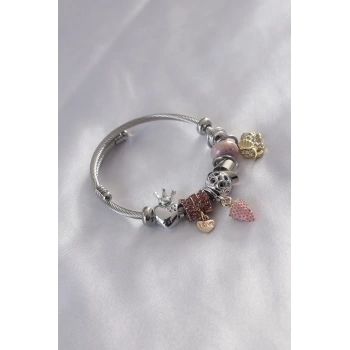 Çelik Charm Model Pembe Çilek Figür Kalp Detay Zirkon Taşlı Kadın Bileklik